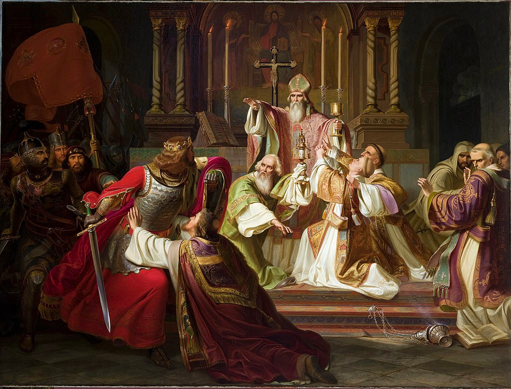Biskup Stanisław Szczepanowski rzucający klątwę na króla Bolesława Śmiałego (obraz Juliusza Knoora z ok. 1840 roku)